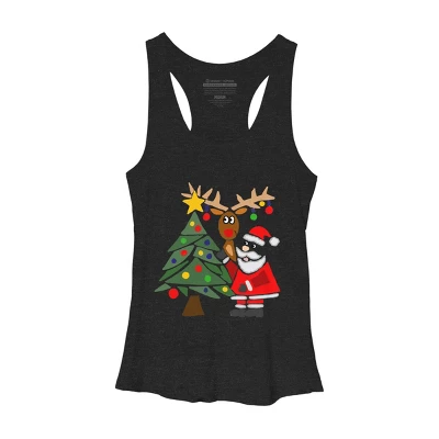 Women's Design By Humans Funny Cute Santa Claus And Christmas Reindeer By Tree By SmileToday Racerback Tank Top - Image 3