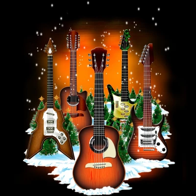 Junior's Design By Humans Christmas Guitars By Cashfish T-Shirt