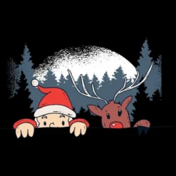 Junior's Design By Humans Christmas Santa And Rudolph Peaking By Rasok T-Shirt