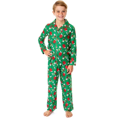 Peanuts Boys' Christmas Snoopy Charlie Brown Button Down Sleep Pajama Set Green - Image 3
