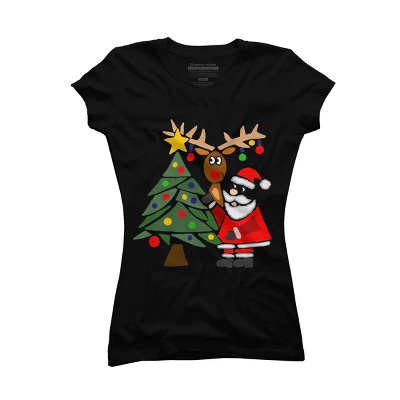 Junior's Design By Humans Funny Cute Santa Claus And Christmas Reindeer By Tree By SmileToday T-Shirt - Image 3