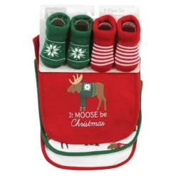 Hudson Baby Unisex Baby Cotton Bib And Sock Set, Moose Be Christmas, One Size