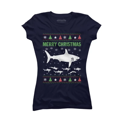 Junior's Design By Humans Shark Christmas By Sophialada T-Shirt - Image 4