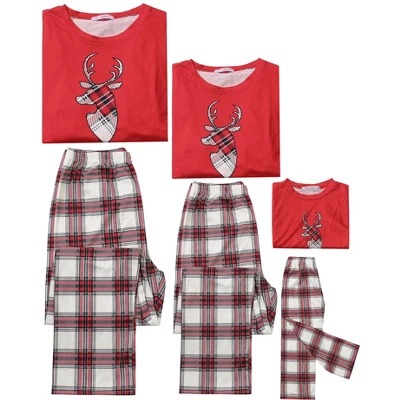 Cheibear Christmas Elk Print Tops With Plaid Pants Xmas Sleepwear Family Pajama Set - Image 3