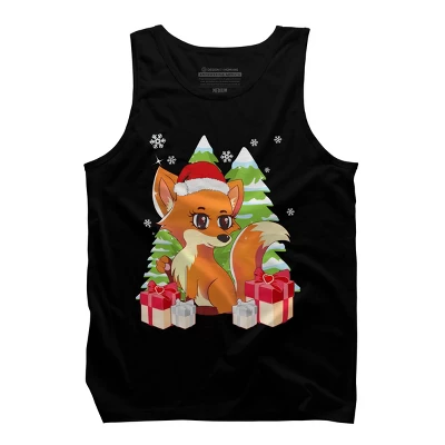 Men's Design By Humans Fox Santa Hat Christmas T Shirt By Thebeardstudio Tank Top - Image 4