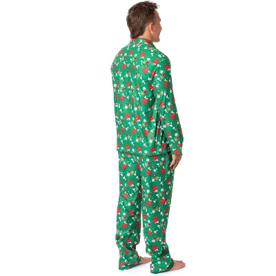Peanuts Mens' Christmas Snoopy Charlie Brown Button Sleep Pajama Set Green - Image 2