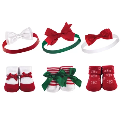 Hudson Baby Infant Girl Headband And Socks Giftset 6pc, Christmas Snowflake, One Size
