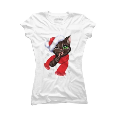 Junior's Design By Humans Christmas Cat By POLINART T-Shirt - Image 3