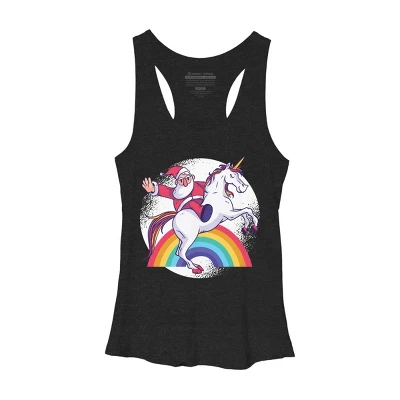 Women's Design By Humans Christmas Cartoon Santa Riding A Unicorn By Rasok Racerback Tank Top - Image 3