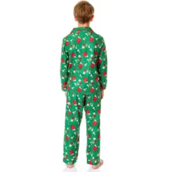 Peanuts Boys' Christmas Snoopy Charlie Brown Button Down Sleep Pajama Set Green