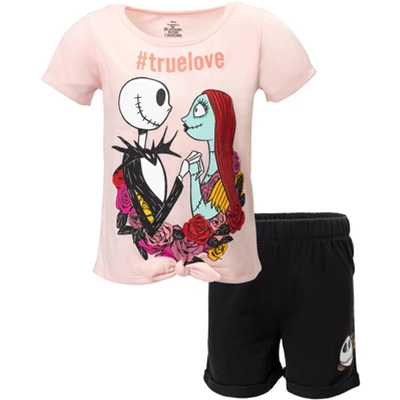 Disney Nightmare Before Christmas Knotted Graphic T-Shirt French Terry Shorts Set Black / Pink - Image 6