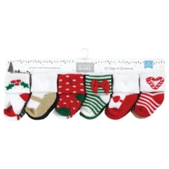 Hudson Baby Infant Girls Cotton Rich Newborn And Terry Socks, 12 Days Of Christmas Girl