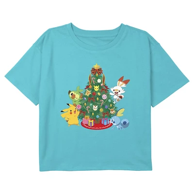 Girl's Pokemon Christmas Holiday Tree Friends Crop Top T-Shirt - Image 2