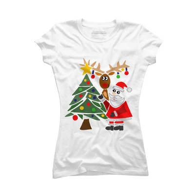 Junior's Design By Humans Funny Cute Santa Claus And Christmas Reindeer By Tree By SmileToday T-Shirt - Image 4