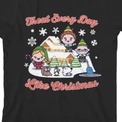 Elf Movie "Treat Every Day Like Christmas" Chibi Style Elves Black Graphic Tee Toddler Boy To Youth Boy