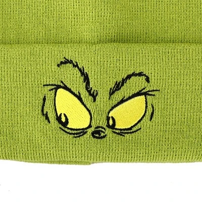 The Grinch Face Green Embroidered Cuffed Knitted Beanie For Christmas