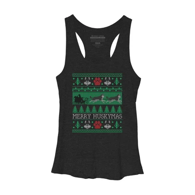 Women's Design By Humans Christmas Siberian Husky Dog Funny Husky Ugly Christmas Sweater By Pahari Racerback Tank Top - Image 3