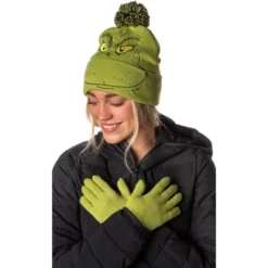 Dr. Seuss The Grinch Who Stole Christmas Embroidered Pom Beanie And Glove Set Green