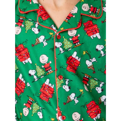 Peanuts Boys' Christmas Snoopy Charlie Brown Button Down Sleep Pajama Set Green - Image 2
