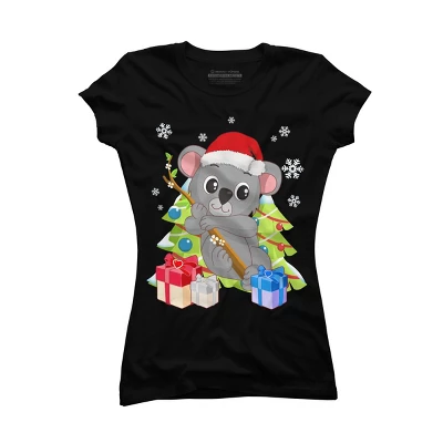 Junior's Design By Humans Santa Climbing Koala Bear Christmas T-Shirt By Thebeardstudio T-Shirt - Image 3