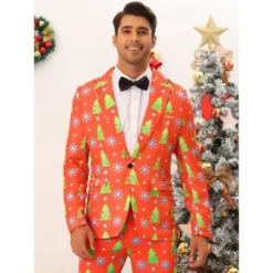 Lars Amadeus Men's Notch Lapel Christmas Costumes Printed Blazer