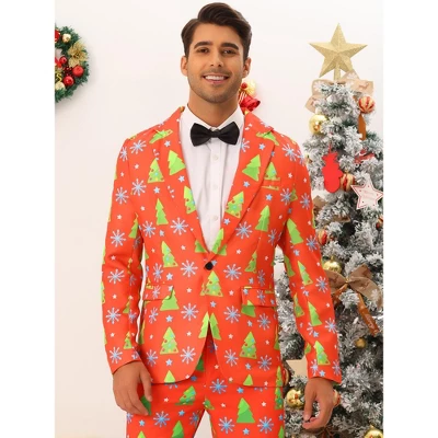 Lars Amadeus Men's Notch Lapel Christmas Costumes Printed Blazer