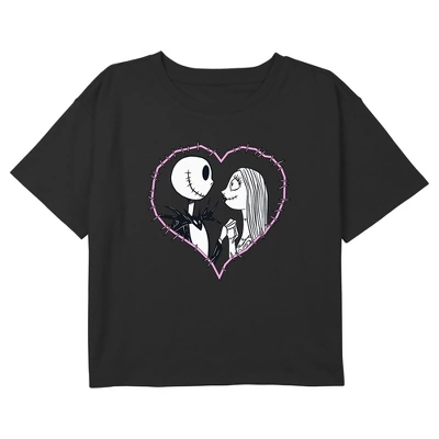 Girl's The Nightmare Before Christmas Jack And Sally Couple Heart Stitch T-Shirt - Image 2