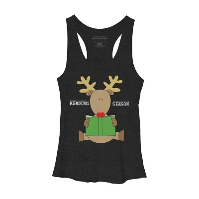 Women's Design By Humans Christmas Reading Reindeer Shirt By Galvanized Racerback Tank Top - Image 3