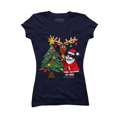 Junior's Design By Humans Funny Cute Santa Claus And Christmas Reindeer By Tree By SmileToday T-Shirt - Image 5