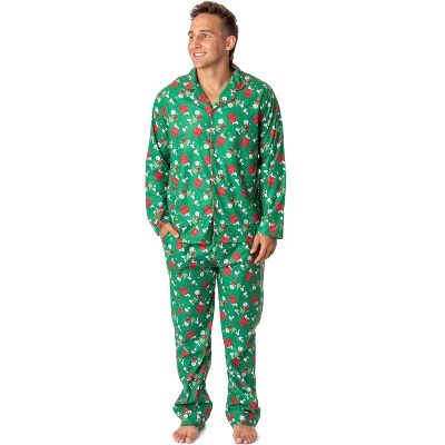 Peanuts Mens' Christmas Snoopy Charlie Brown Button Sleep Pajama Set Green - Image 3