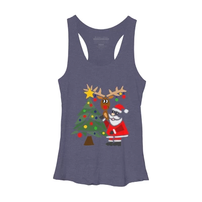 Women's Design By Humans Funny Cute Santa Claus And Christmas Reindeer By Tree By SmileToday Racerback Tank Top - Image 4