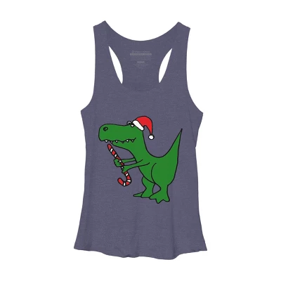 Women's Design By Humans Funny Christmas Green T-rex Dinosaur By SmileToday Racerback Tank Top - Image 4