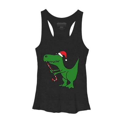 Women's Design By Humans Funny Christmas Green T-rex Dinosaur By SmileToday Racerback Tank Top - Image 3