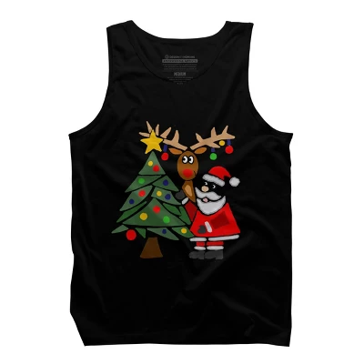 Men's Design By Humans Funny Cute Santa Claus And Christmas Reindeer By Tree By SmileToday Tank Top - Image 4