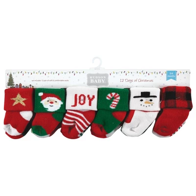 Hudson Baby Infant Boys Cotton Rich Newborn And Terry Socks, 12 Days Of Christmas Santa
