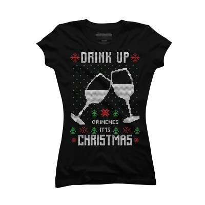 Junior's Design By Humans Drink Up Grinches Ugly Christmas Sweater By Shirtpublic T-Shirt - Image 3