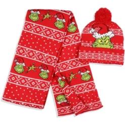 Dr. Seuss The Grinch Who Stole Christmas Knit Scarf & Pom Beanie Set Red