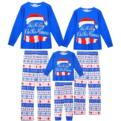 Cheibear Christmas Cute Letters Print Long Sleeve Tee With Pants Loungewear Family Pajama Sets Blue - Image 5