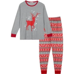 Cheibear Christmas Deer Print Long Sleeve Tee With Pants Loungewear Family Pajama Sets